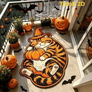 VIKAMA Hoạt Hình Halloween Hình Mèo Thảm Mũ Phù Thủy Bí Ngô Thiết Kế Chống Trơn Trượt Sàn Cho Phòng Ngủ Lối Vào Mùa Thu Trang Trí Nhà Polyester