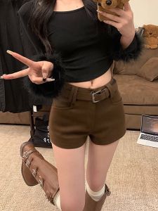 American Style Thickened Woolen Short Pants Womens Spring Autumn Low Waist Straight Leg Wide Leg Pants Casual Pants