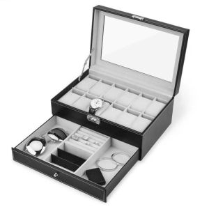 Double-Layered 12 Grids Slots PU Leather Watch Storage Box WB12