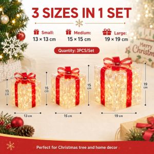 3PCS Christmas Gift Boxes Battery Operated LED Christmas Lights Decorative for Christmas Tree Decor