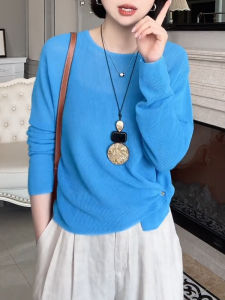 Blue Side Waist Button Long Sleeve Knitted Sweater Womens Thin Cover up 2025 Autumn New Lazy Unique Beautiful Top