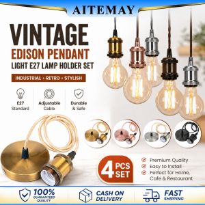 Aitemay 4pcs Industrial Retro Vintage E27 Pendant Lamp Holder Set with Copper Finish & Suspension Wire Decor for Home Cafe Lighting