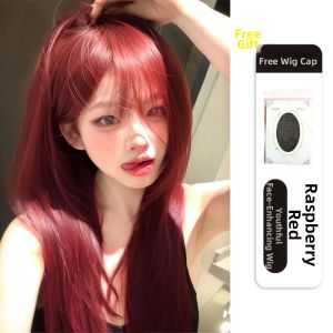 Raspberry Red Full Set Long Straight Wig With Air Bangs