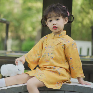 Girls Yellow Cheongsam Hanfu Childrens Loose Trousers And Dresses Spring Autumn Seasonal Fashion Retro National Trend