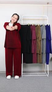 ชุดเซ็ท สาวอวบ เสื้อคอกลม แขนสั้น กางเกงขายาว เอวยางยืด ผ้ายืดหยุ่น ระบายอากาศดี ไม่ร้อน เนื้อผ้าร่อง ลายสวย พรางหุ่น cb598#