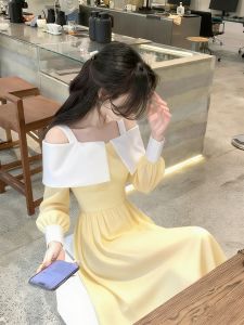 Elegant French Yellow Strapless Belted Dress