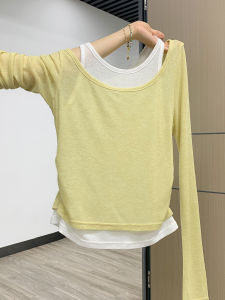 Yellow Long Sleeve T-Shirt Womens Autumn 2025 Folded Waist Slim Fit Inner Wear Vest Top Korean Style Commute Fashion