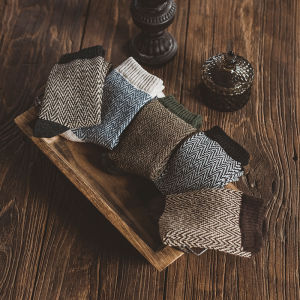 Mens Winter Thickened Cotton Blend Knitted Mid-calf Socks Retro Striped Gentlemans Suit Socks Couples Warm Home Socks