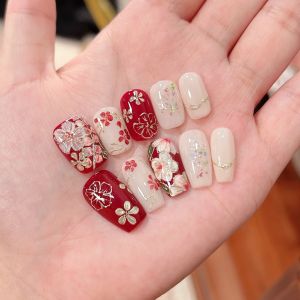 Chinese Red Hand-Painted Flowers New Chinese National Style Handmade Wear Armor Wedding Red Spring Nail Stickers Detachable