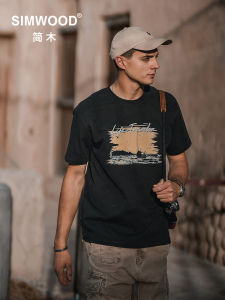 Loose Fit Mens T-Shirt Simwood Casual Cotton Sorona Short Sleeve Print Comfortable Breathable Summer Youth Fashion round Neck