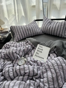 Washed Cotton Floral Embroidery Stripe Bubble Fabric Bedding Set Girls Heart Ins Style Duvet Cover Sheet Three-Piece Set