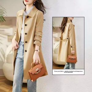 Green Windbreaker Womens Mid Length Long Length Small 2024 Autumn New Arrival Fashion Elegant Coat Korean Version for Commuter Overalls