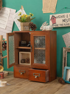 Retro Dustproof Glass Tea Cup Storage Box Wooden Cosmetic Display Cabinet Rectangular Shape Double Door Design for Desktop Organization