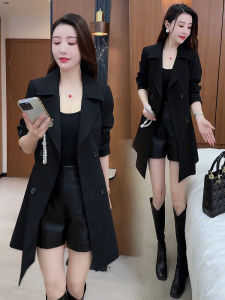Elegant Womens Mid-Length Double-Breasted Suit Collar Coat Autumn Fashion Slimming Trendy Windbreaker High Waist Style