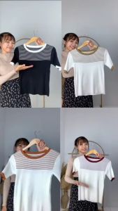 AJWShop [HT] Kaos Rajut Wanita Lengan Pendek Polos Salur Import | Baju Rajut Wanita Lengan Pendek Salur Polos Impor | Atasan Rajut Wanita Lengan Pendek Salur Polos Import | Baju Lengan Pendek Remaja | Kaos Lengan Pendek Remaja