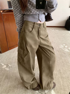 American Deep Khaki Wide Leg Workwear Denim Jeans Womens Vintage Washed Slimming Loose Versatile Pants Casual High Waist