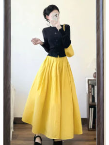 YUEZHONGWEI | Spring Korean Fashion Black Sweater Cardigan Yellow Skirt Set