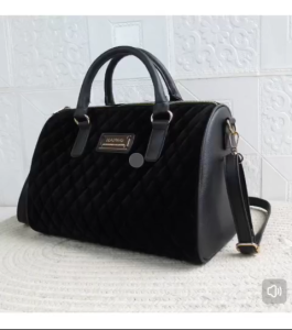 MANGO Quilted Velvet Hand Bag with Sling (Black with Gold Hardware)