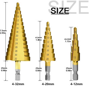 3Pcs Straight Groove Step Drill Bit 4-12mm 4-20mm 4-32mm Titanium Plated Hex Shank Pagoda Drill Drilling Tool Accessory Set