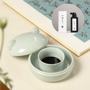 Heshi Ceramic Ink Tray with Lid Ceramic Calligraphy Ink Plate Bear Hot Pot Ink Stone Multi-Function Ink Box Cultural Ornaments