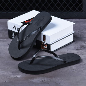 Black Flat Bottom Thong Slippers 2025 New Style Mens Casual Sandals Breathable Slip-On Beach Shoes for Couples Summer Wear