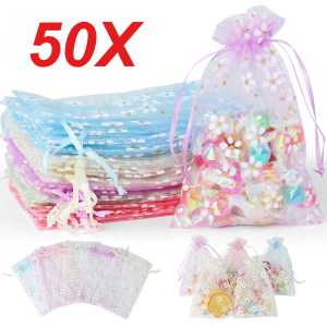 50PCS Beautiful Flowers Drawstring Organza Bags Jewelry Gift Bags Pouches Gold Star Organza Favor Pouches for Christmas Wedding