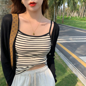 Ice Silk Knitted Vest Womens Sleeveless Slim Fit Top Summer New Style Commute Stripe Pattern Backless Design Ladies Tank Top