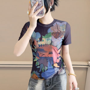 REHIN Summer Fashion Mesh Graffiti Art Printed Round Neck Short Sleeve T-Shirt – Slim Fit Trendy Womens Top (S-3XL)