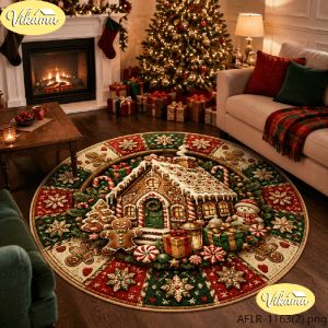 VIKAMA 3D Christmas Cat Round Rug Flannel Non Slip Circular Carpet Kitten Ornament Gift Pattern Living Room Bedroom Floor Mat