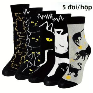 Vớ Cổ Chân Nữ Họa Tiết Mèo Đen Dễ Thương 1/5 Đôi Chất Liệu Cotton Cao Cấp Thoáng Khí Thấm Hút Mồ Hôi Kiểu Dáng Hoạt Hình Ống Trung Bình