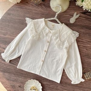 Girls French Lace Trim Shirt Pure Cotton Baby Doll Collar Top Spring Autumn Sweet Style Childrens Clothing Baby Doll Shirt