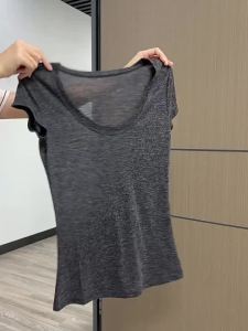 U-Neck Exposed Clavicle Shoulder Slim Fit Short Sleeve T-shirt
