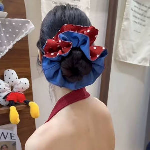 Retro kiểu Pháp chấm đỏ lớn scrunchies màu chính tả denim vải tóc đuôi ngựa dây của phụ nữ trở lại của đầu tóc búi Tie