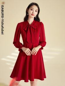 isabufei | Đầm Dài Trung Bình Cột Eo Cổ Lụa Mùa Thu Đông Màu Đỏ
