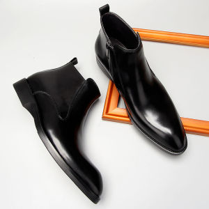 รองเท้าหนังข้อสูงรองเท้าบูทสั้นหัวแหลมหนังแท้ผู้ชายรองเท้าบูทหนังข้อสั้นสไตล์อังกฤษรองเท้าบูทเชลซีรองเท้าบูทผู้ชายใส่กับชุดทางการหุ้มข้อบุขน