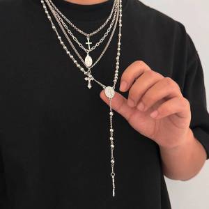 Ingemark 4Pcs/Set Goth Cross Jesus Pendant Choker Necklace for Women Vintage Gold Color Long Chain Christian Jewelry Men Gift