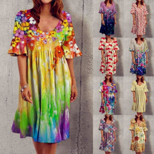 ชุดเดรสยาวครึ่งตัวพิมพ์ลายคอปกสีหลายสี กระโปรงทรงเอ แขนยาว ความยาวปานกลาง เดรสสั้นสำหรับฤดูร้อน