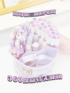 EmmAmy® 360° Rotatable Pen Holder with Cute Sanrio Stickers Desktop Multi-grid Stationery Organizer