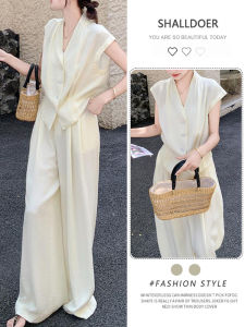 Shalldoer | Beige Sleeveless Shirt Wide Leg Pants Set Women Summer New Fashion Elegant Popular Two Piece Set V Neck Short Sleeve Casual Wear