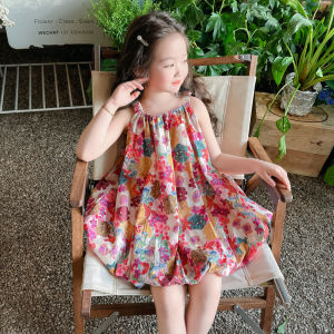 Summer Floral Print Halter Dress Beach Vacation Girls Skirt Cute Childrens Clothing Princess Style Sweet Style Outdoor Dress