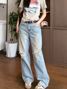 High Waist Loose Fit Summer Denim Jeans Trendy Casual Hole Design Simple Versatile Street Style 2024 Fashionable Long Pants