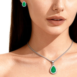 SEQUITO Ladies Chinese Style Tear Drop Green CZ Tiny White AAAAA Zirconia Chain Pendant Necklace Set Evening Party Costume Jewellery SJ459