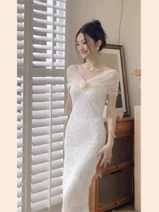 Elegant Wedding Dress Robe for Women High Waist Short Sleeve Long Skirt Korean Style Suitable for Engagement And Wedding