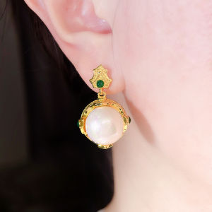 SEQUITO Luxury Ladies Jewelry Gold Plated Green Round AAAAA Cubic Zirconia High Grade Big Pearl Pendant Drop Earrings Prom Accessories SE960