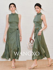 WANGXO | Đầm Nơ Dây Kéo Buộc Cổ Bông Nút Kim Loại Chất Liệu Cupro Cao Cấp