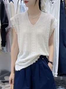 Shalldoer | Lace Splicing Knitted Top Womens Summer Thin Loose Slimming Casual Style V-neck Short Sleeve Fashion Design Knitwear