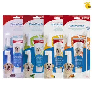 Bioline Dog Toothpaste and Toothbrush Set Beef Mint Orange Chicken 100g Toothpaste and 3pc Brush