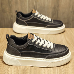Mens Casual Leather Shoes Fall Season High Sensation Thick Bottom Heightening Black Board Shoes Trendy Brand Youth Work Sports Shoes