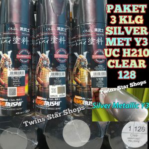 Samurai Paint Paket 3 Kaleng Pilok Pilox Cat Semprot Samurai Paketan Lengkap Silver Metalic Metalik Y3 3 Epoxy Surfacer UC H210 Clear Pernis Glossy 128 400ml.