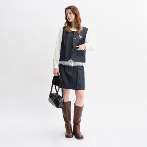 DUSHU | Slimming Elegant Womens Fashion Jean-like Suit Vest and Midi Skirt Set